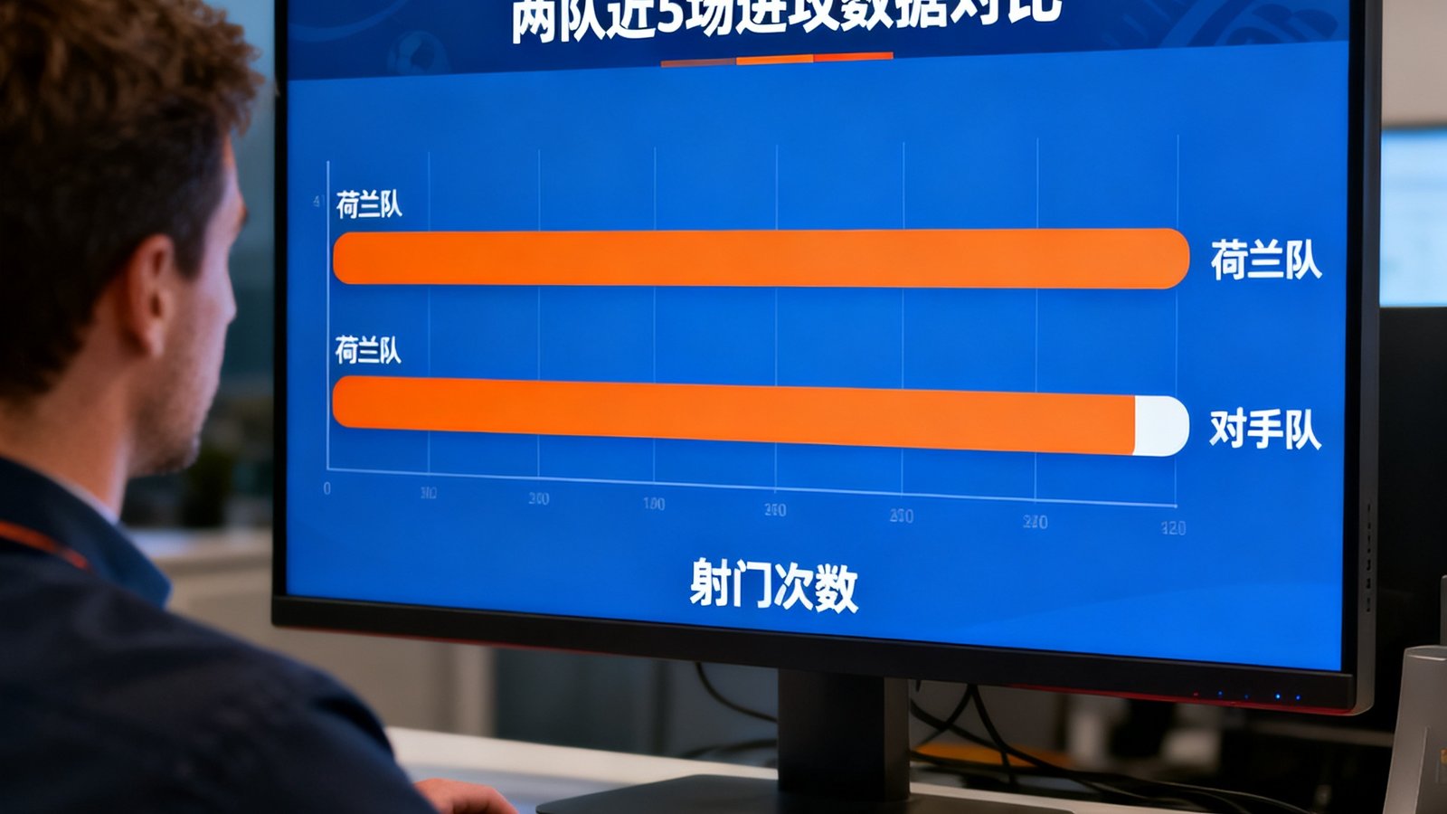 数据分析师在电脑上比较两队近5场进攻数据，荷兰队射门次数领先。